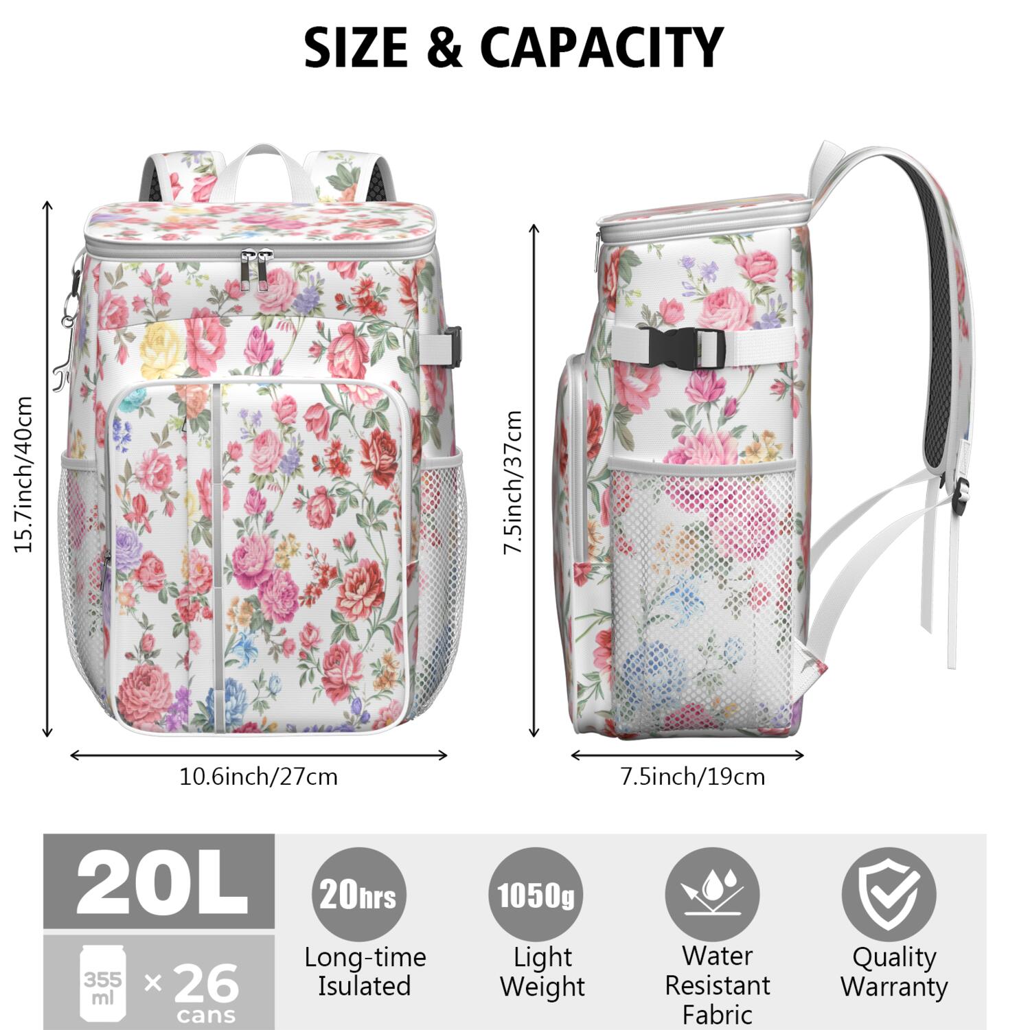 Travel Cooler Bag - Pioneer Flower Floral Print Pattern Camping Beer Cooler Backpack with Bottle Opener- Waterproof Insulated Picnic Backpacks - Cooler Bag for Beach