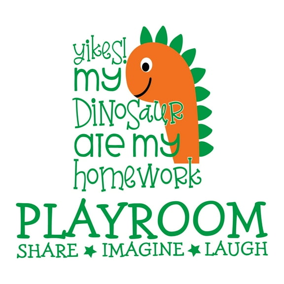 Play Share Imagine Laugh Dinosaur Wall ArtWall Decal Decoration My Dinosaurs ate my Homework Joyful Cartoon Cartoon Animals Decorating Ideas for Child's Bedroom Size: 10 In(W) x 9 In(H)