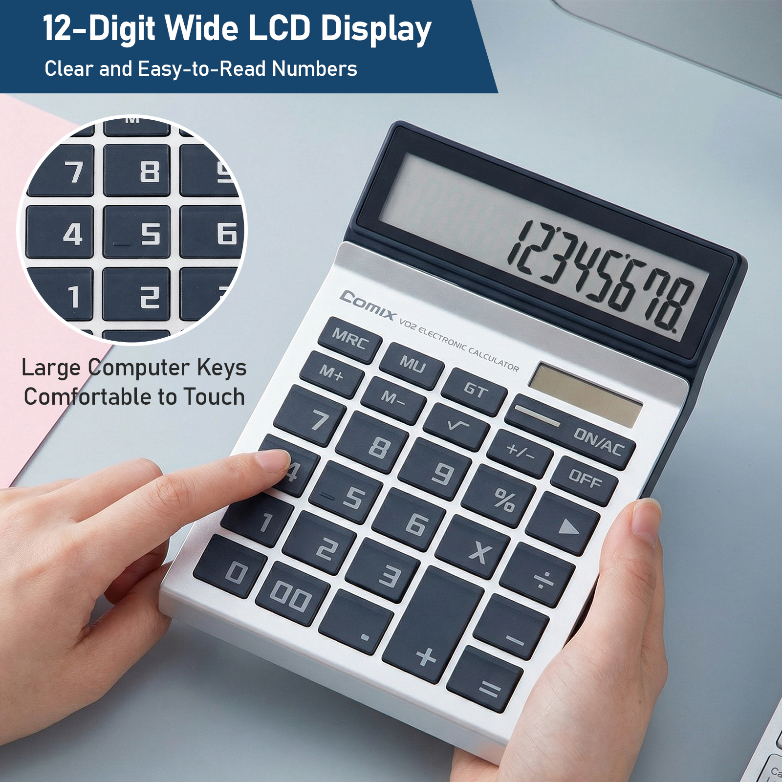 COMIX 12-Digit Desktop Calculator, Dual Power, Blue photo 2