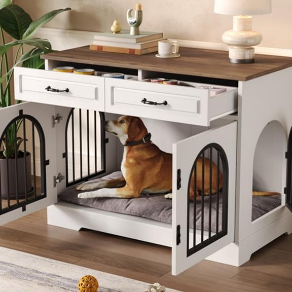 TopComfy 43.3" Dog Crate Furniture with Storage Drawers, Heavy Duty Indoor Dog Kennel with Arched Doors Wood & Steel Dog Cage for Medium Large Dogs Home Use