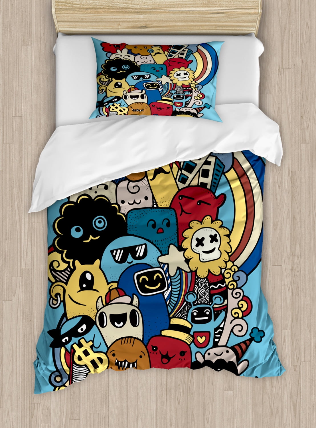 Indie Twin Size Duvet Cover Set, Cool Funny Cute Crazy Monster Universe