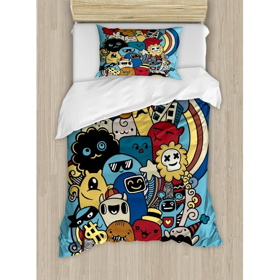 Indie Twin Size Duvet Cover Set, Cool Funny Cute Crazy Monster Universe Rainbow Stars Clouds Money Symbol Explosion, Decorative 2 Piece Bedding Set with 1 Pillow Sham, Multicolor, by Ambesonne