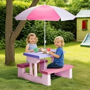 Matladin Outdoor Kids Picnic Table with Umbrella, Plastic Child Table and Bench Set, Activity Table for Outdoors, Garden, Patio