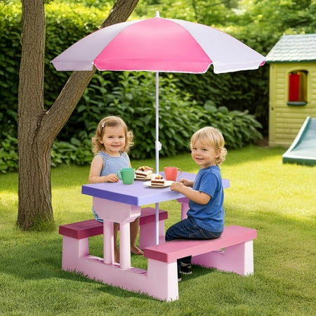 Matladin Outdoor Kids Picnic Table with Umbrella, Plastic Child Table and Bench Set, Activity Table for Outdoors, Garden, Patio