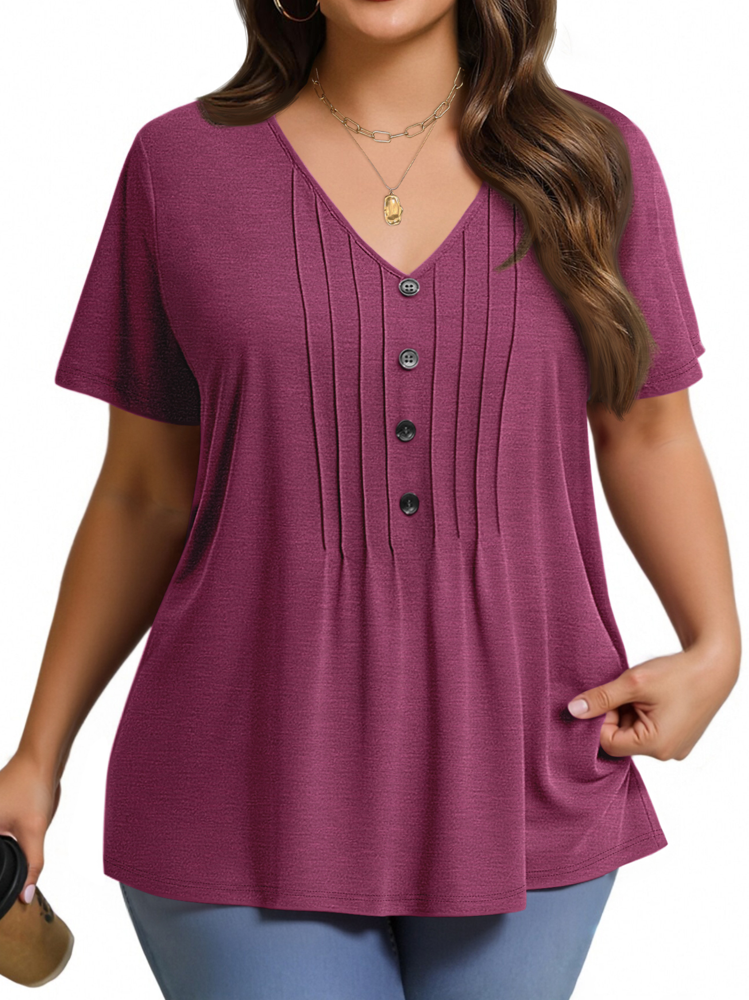 Fantaslook Plus Size Blouses for Women Pleated Button Short Sleeve Shirts Casual V Neck Tunic Tops
