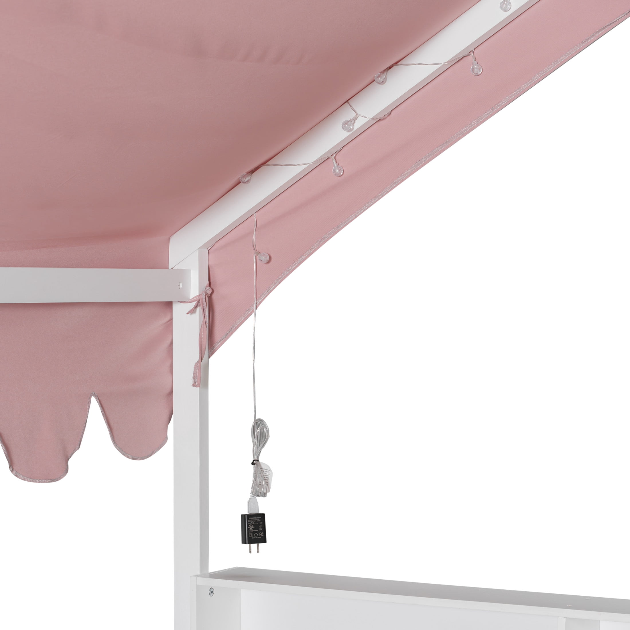 Noble House Larissa Full Size House Bed with Fence and LED Lights, Wooden Floor Bed, Heavy Duty, White and Pink