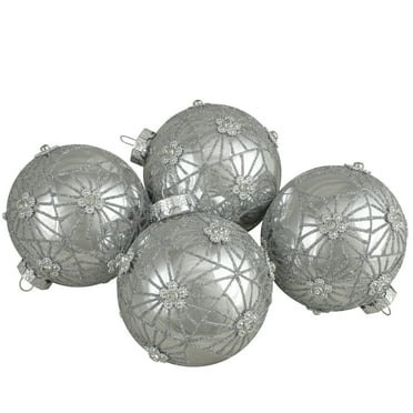 Northlight Glittered Floral Christmas Glass Ball Ornaments - 3.25" (80mm) - Silver - 4ct