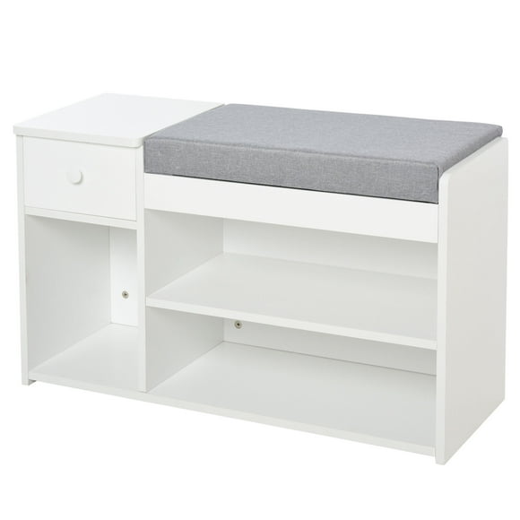 HOMCOM Entryway Bench, Shoe Bench with Drawer, Cushion and Open Shelves