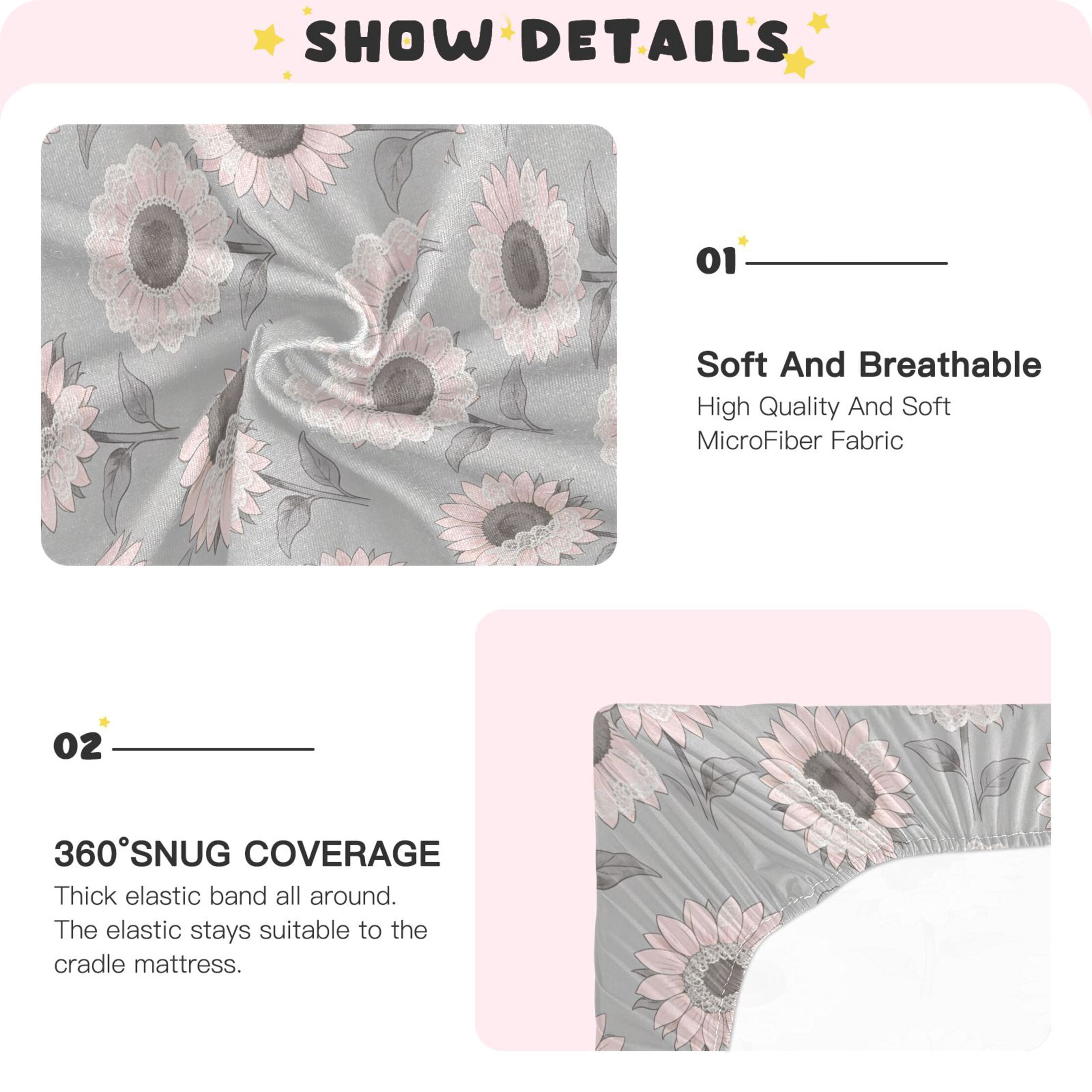 Baby Essentials 52”x 28”- Standard Cotton-like Modal Elastic- Gray Sunflower Design Crib Sheets for Newborns and Toddlers
