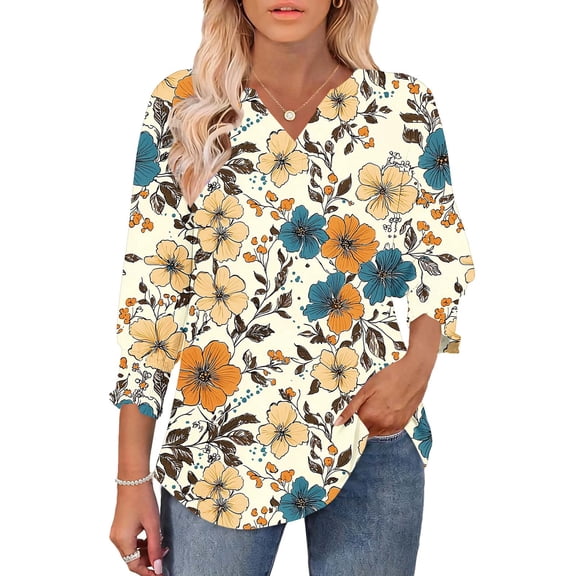 3/4 Length Sleeve Womens Tops Petite Womens Casual Floral Printed 3/4 Length Sleeve Smocked Cuffs 2026 Fashion Clothing Khaki S