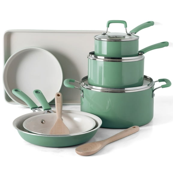 Martha Stewart 12-Piece Nonstick Aluminum Cookware Set with Soft Grip Handles, Sage