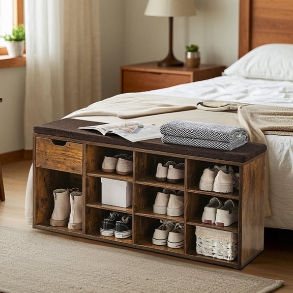 LEDREM CUSTOS Collection 15-Compartment Shoe Bench , Storage Organizer with Removable Cushion , No-Tool Assembly Entryway Seat ,Rustic Brown and Brown