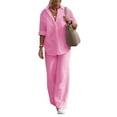 thumbnail image 2 of LEKODE 2 Piece Sets for Women Summer Linen Short Sets for Women Matching Sets Women Clothing Travel Outfits for Women 2 Piece Sets Two Piece Shirt Wide Leg Set Summer Work Outfits for Women Pink 5xl, 2 of 6