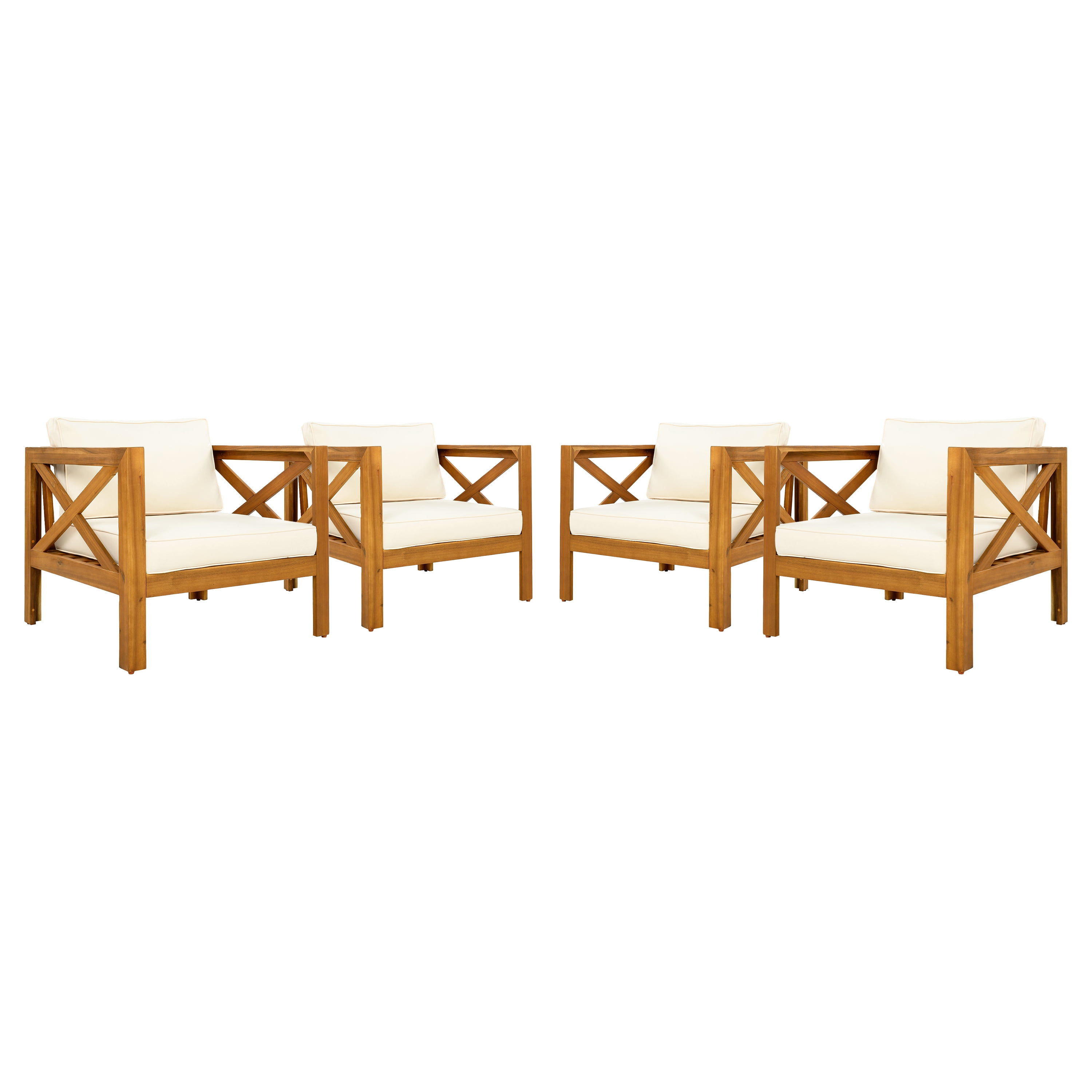 Wooden Armchair Set of 2, Outdoor Acacia Wood Club Chair with Cushions for Patio Garden, Teak and Beige