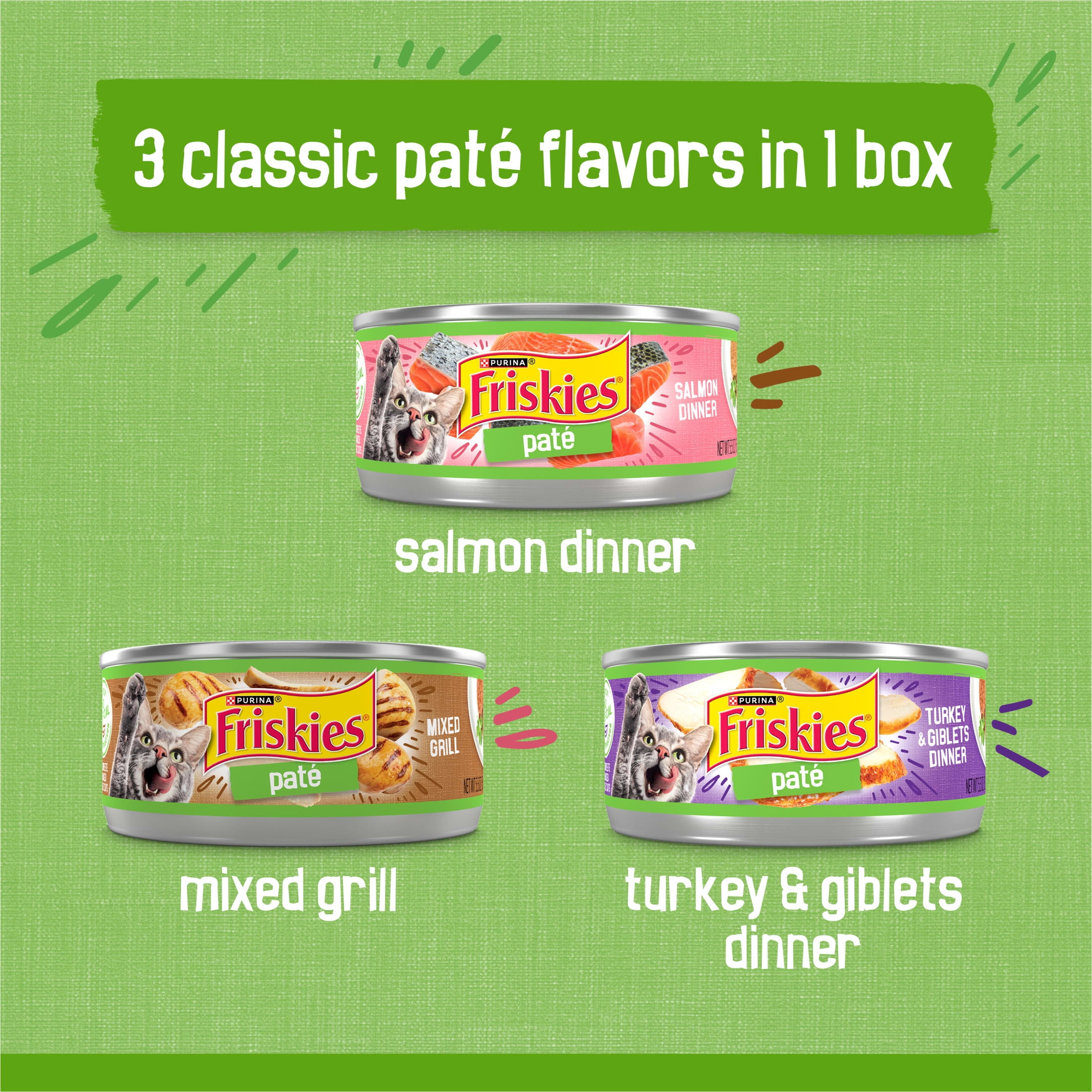 (12 pack) Purina Friskies Salmon Dinner, Turkey & Giblets Dinner, & Mixed Grill Pate Wet Cat Food Variety Pack, 5.5 oz Cans, 12 Pack