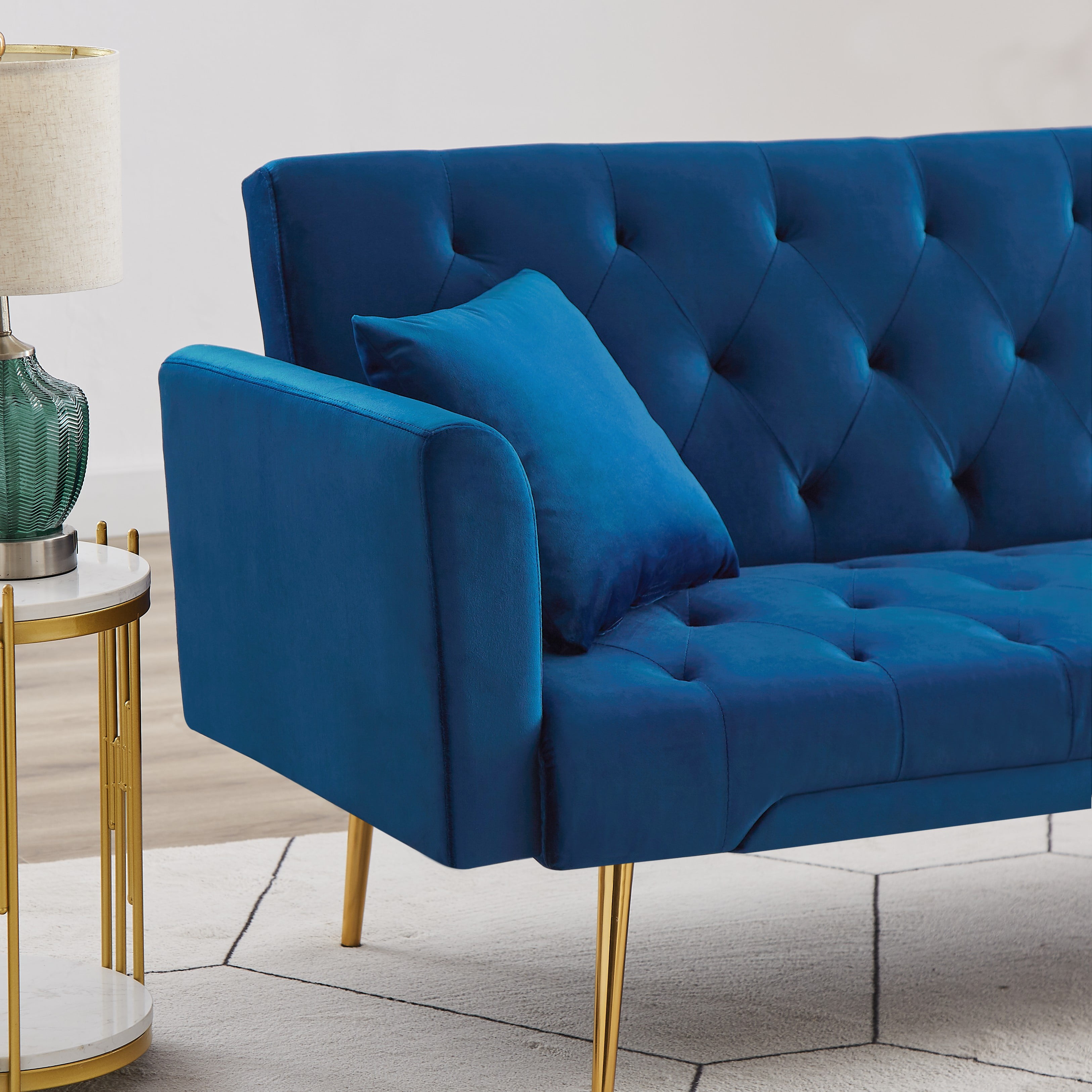 Bianlte Velvet Futon 71" x 37.79" x 29.92" Convertible Backrest Angles with Gold Metal Legs, Blue
