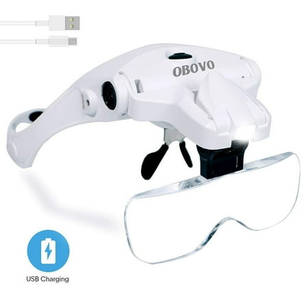 Hands Free Headband Magnifying Glass, USB Charging Head Magnifier with LED Light Jewelry Craft Watch Hobby 5 Lenses 1.0X 1.5X 2.0X 2.5X 3.5X (Upgraded Version)