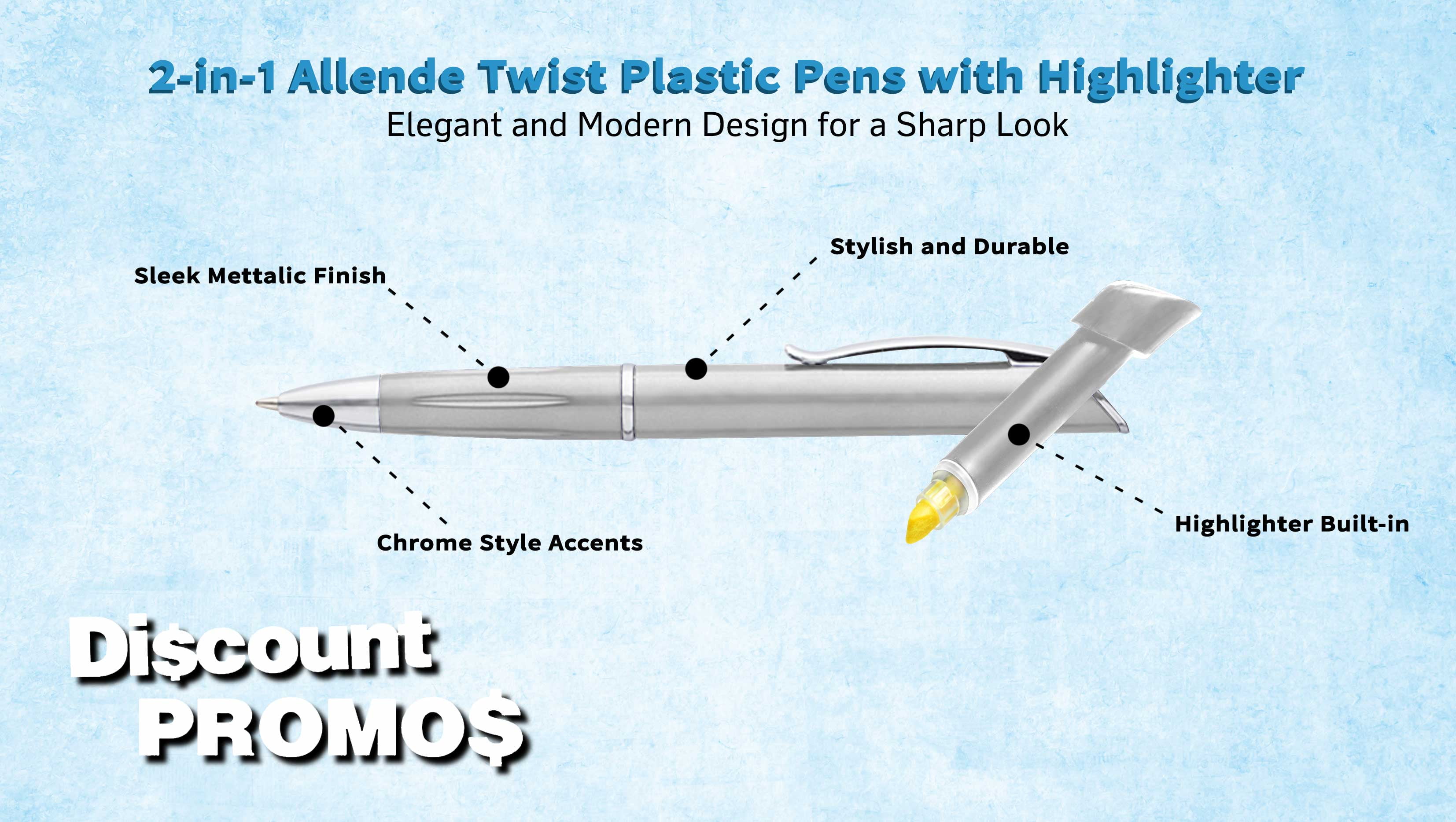 10 Allende Twist Plastic Pens with Highlighter Pack - Stylish, Durable, Black Ink - Silver