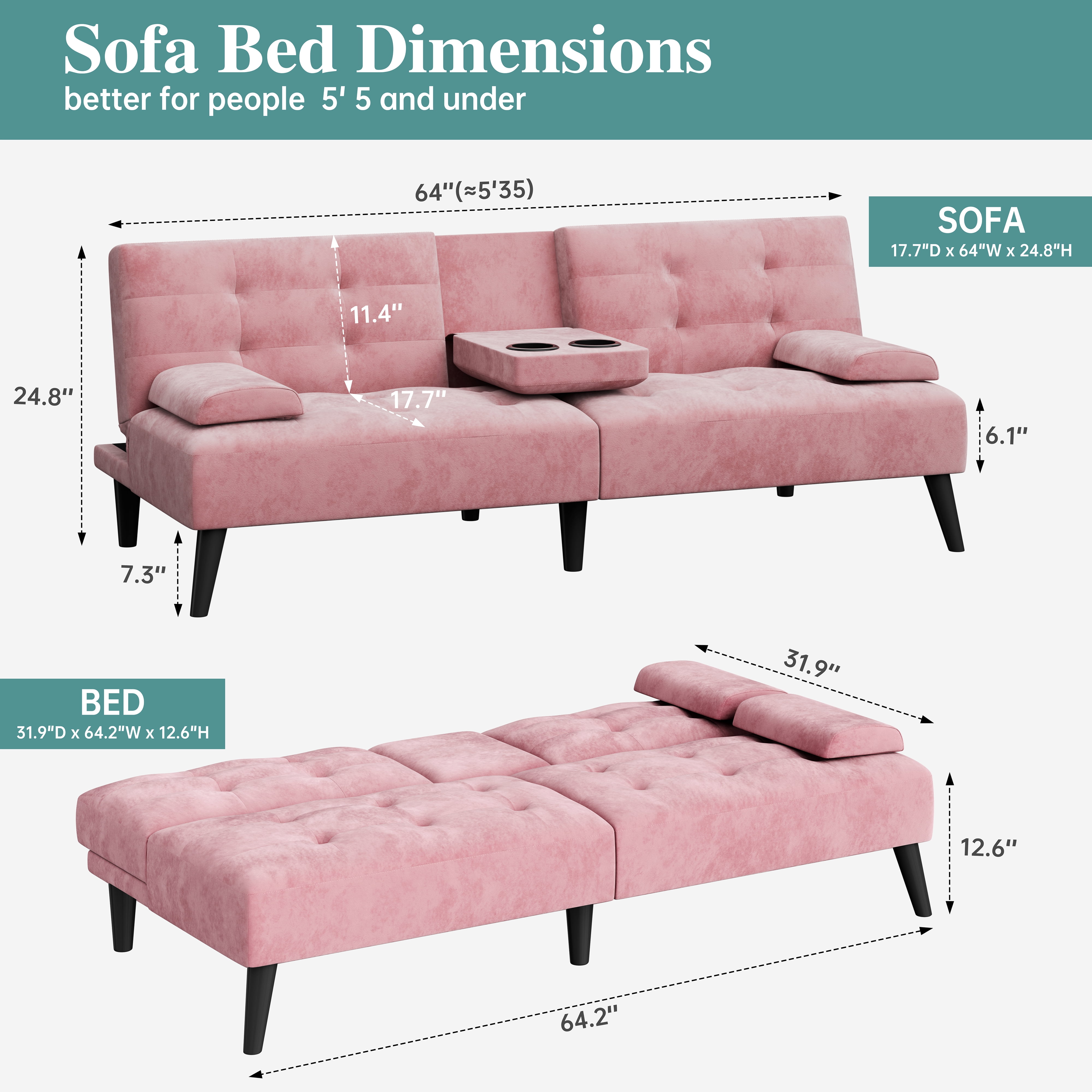 Walsunny 64" Sofa Bed Futon Couches, Folding Loveseat Recliner with 3-Angle Adjustment, Removable Arms 2 Cup Holders for Small Spaces,Pink