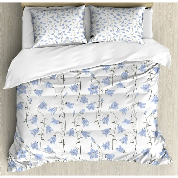 Nature Duvet Cover Set, Botany Composition of Bluebells Flourishing on a Plain Background, Decorative 3 Piece Bedding Set with 2 Pillow Shams, Queen Size, Lavender Blue and Sage Green, by Ambesonne