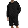 thumbnail image 2 of Yusimy Men's Solid Color 2-Piece Fuzzy Hoodie Short Set Long Sleeve Elastic Waistband Drawstring Casual Warm, 2 of 9