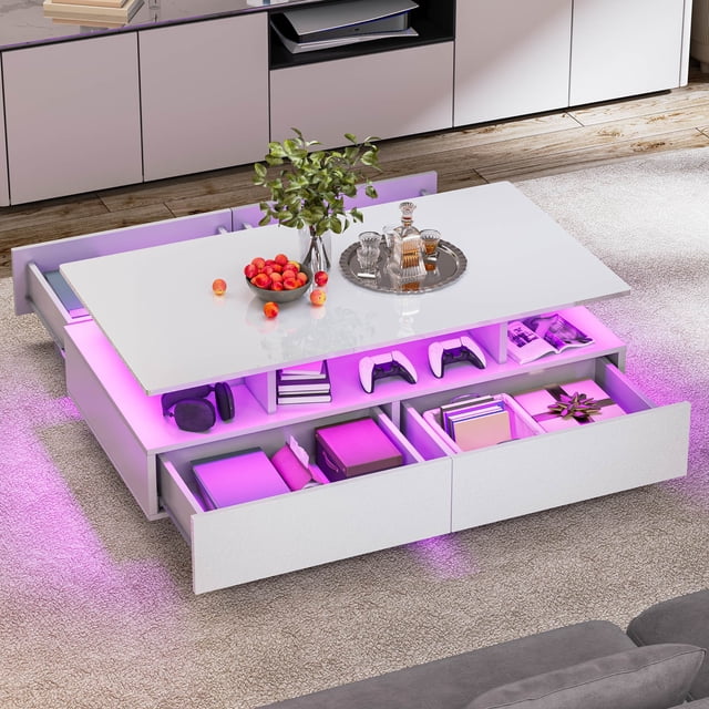DEXTRUS High Gloss LED Coffee Table with Storage, Modern Center Table with Drawers & Display Shelves for Living Room, White