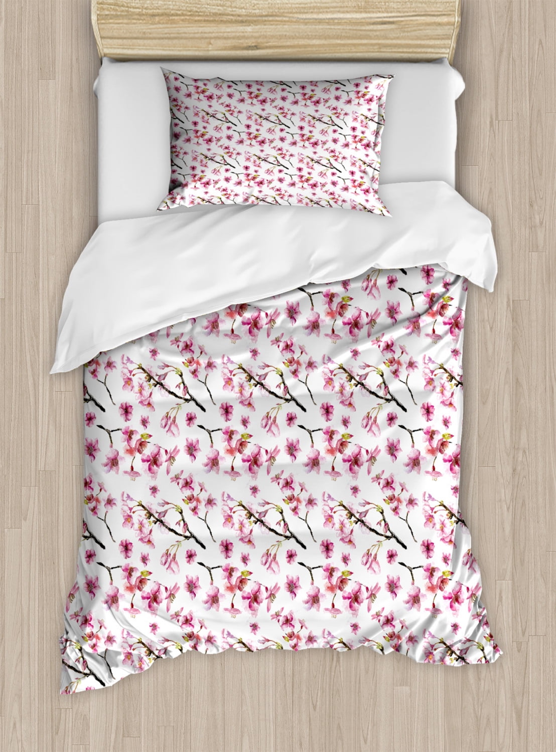 Cherry Blossom Twin Size Duvet Cover Set, Artistic Watercolor Style