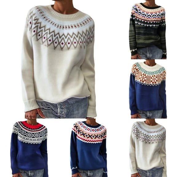sususu Womens Fair Isle Sweater Casual Knitted Sweater Colorful Striped Long Sleeve Crewneck Pullover Jumper Top,A04-Dark Blue,XL
