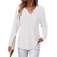 thumbnail image 3 of Womens Tops Waffle Knit Long Sleeve Notched V Neck Shirts Casual Trendy Solid Color Loose Blouses White S, 3 of 8