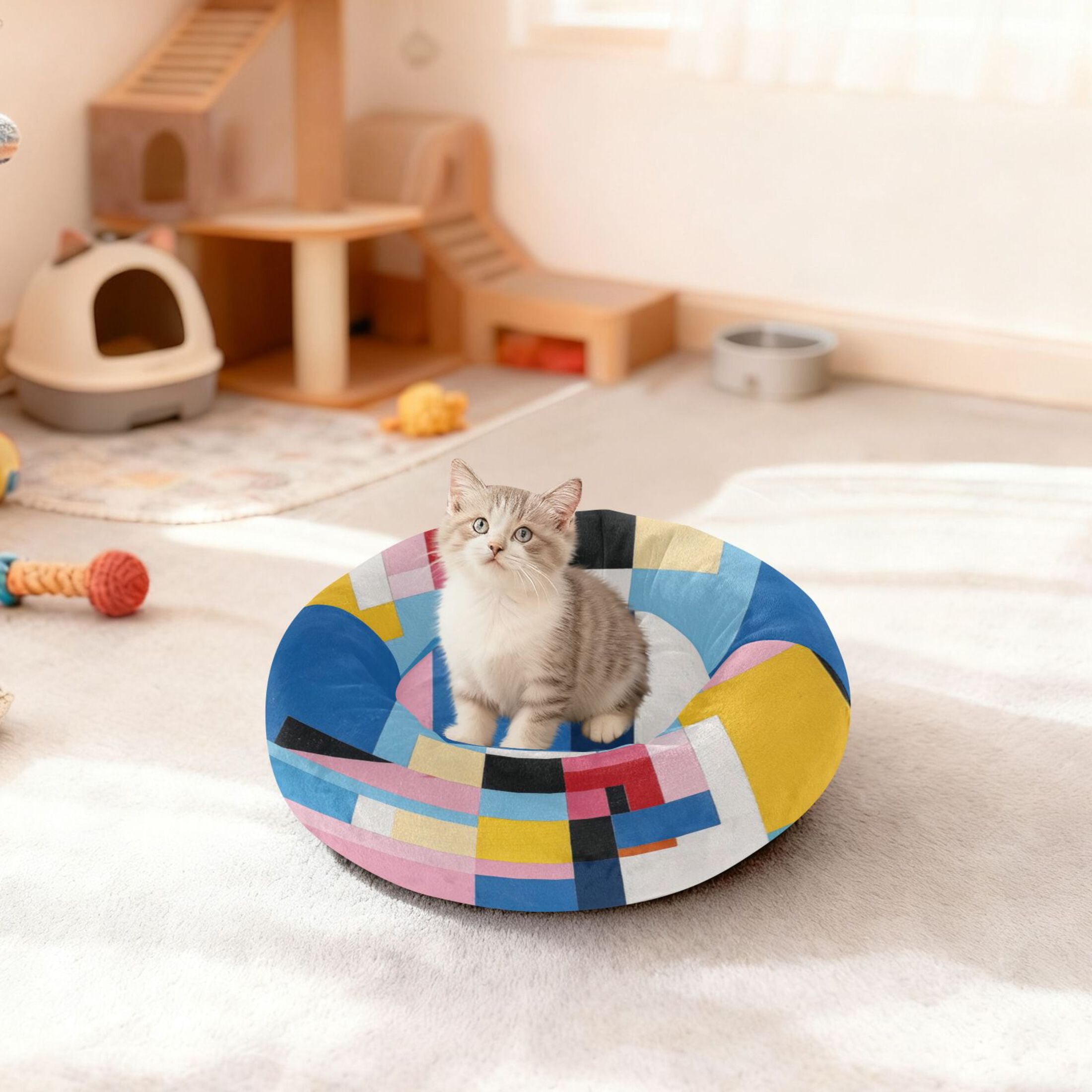 Iauyy Pet Couch Donut Cat Bed for Indoor Cats/Small Dogs Washable & Machine with Non-slip Bottom Calming Cat Furniture, Abstraction (M)