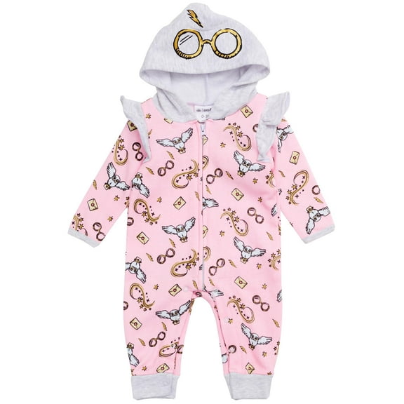 Harry Potter Baby Girls Hooded Bodysuit - Sweatshirt Fleece Zip Up One Piece Newborn Outfit Pink/Grey, 0-3M