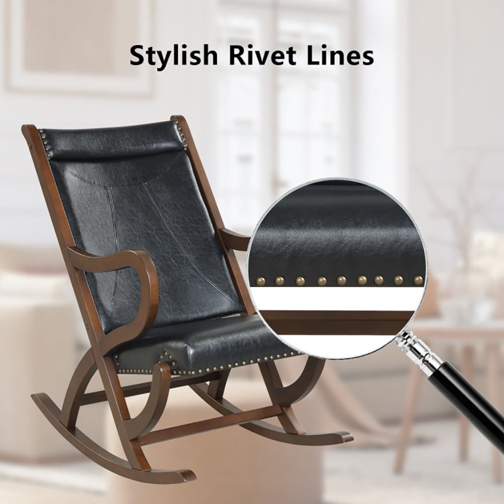 Finihen Wooden Slad Back Rocking Chairr, Modern Rocking Chair with PU Cushion and Rubber Wood Frame, for Living Room, Bedroom, Black
