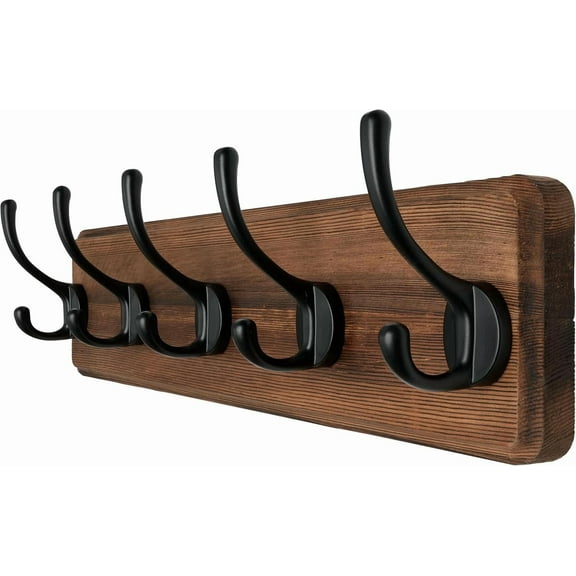 Wall Mounted Coat Rack: Patented, Heavy-Duty, 17.4" Long 5-Double-Hooks Wooden Hanger Rail for Winter Coats, Hat, Jacket, Clothing - Natural & Black