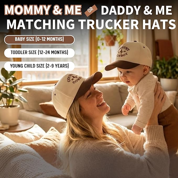 Funky Junque Matching Family Trucker Hat Set - Vintage Two-Tone Daddy & Me, Mommy & Me Snapback Baseball Caps - Country Cowboy - Brown/Beige - Adult/Infant (0-12 Months)