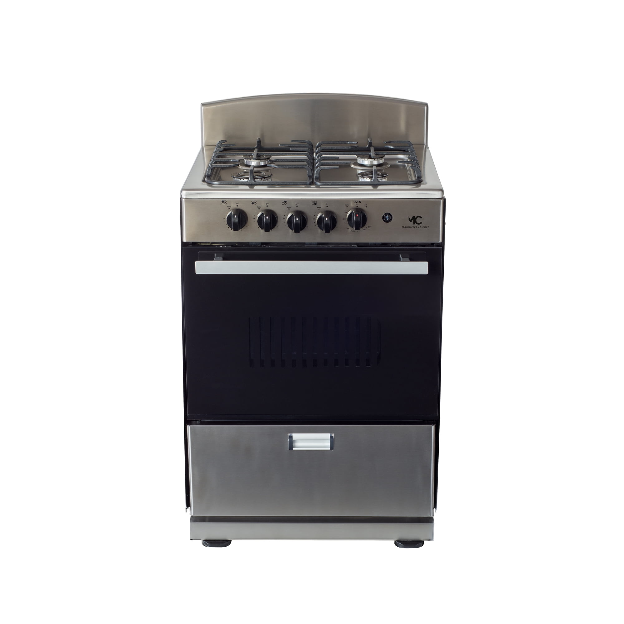 Magnificent Chef - Free Delivery - 24" Stainless Steel Gas Stove with 3.0 CFT Oven Capacity -Sealed Burners, 1 Ultra-Fast, 3 Fast – Easy to Clean, Iron Grates, Cool Knobs 2-year Warranty.
