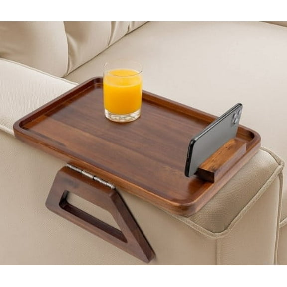 Smart Design Acacia Armrest Tray, Brown, Non-Slip Sofa Arm Clip Table for Drinks, Snacks & Devices