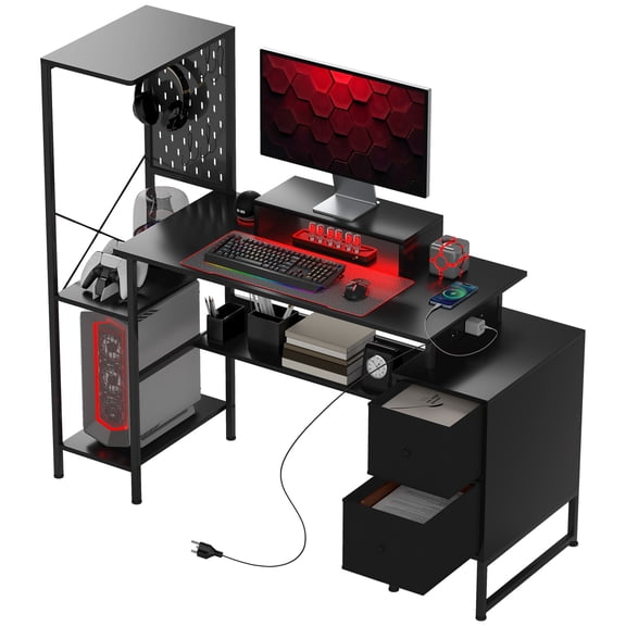 Homiyad 56" Computer Desk with Storage, Computer Table with Power Outlets and LED Lights, Black