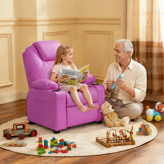 MCombo Big Kids Recliner for Ages 3 , Child Reclining Chair with Cup Holders, Faux Leather, Pink