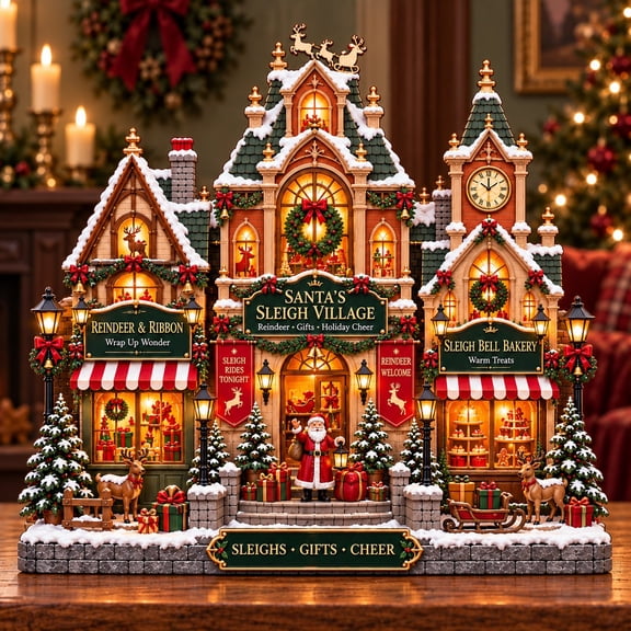 Christmas Village Wooden Block, Santa Sleigh Reindeer Three-Layer Display for Holiday Mantel