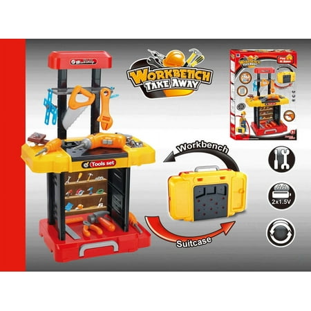 Portable toy tool set that serves both as a workbench, and a suitcase! Perfect for children to allow their imagination .Perfect Gift