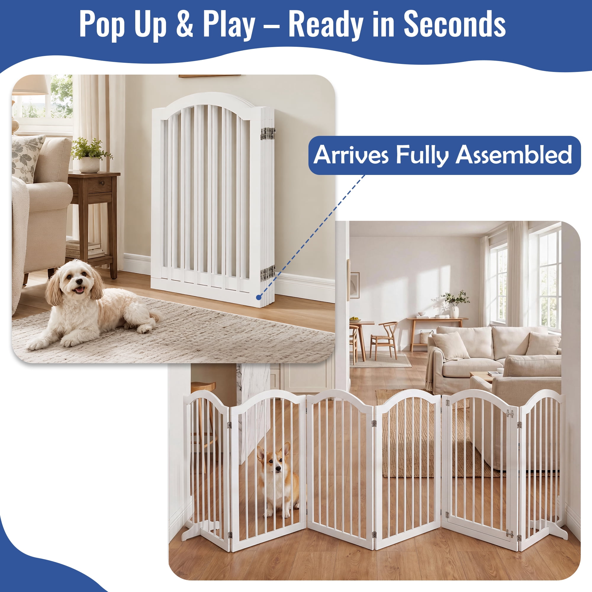 TrumanPick 36" H Extra Tall Dog Gates for Doorways, 6-Panel Foldable Pet Gate, 2 Support Feet Dog Fence for Stairs 138"L, White