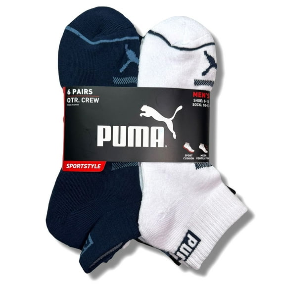 PUMA SOCKS MEN'S - QUARTER CUT - GLEE 243 - BLUE WHITE - LARGE (10-13) PACK 6 XX