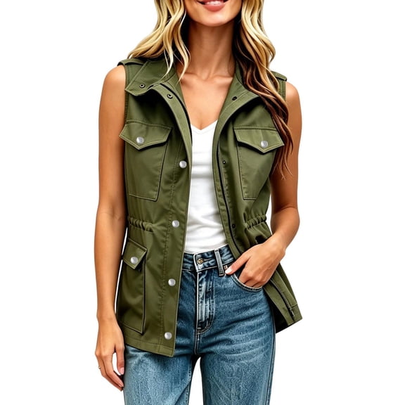 TEAJOPSUU Women's Utility Cargo Vests Sleeveless Stand Collar Zip Up Multi Pocket Jackets Casual Solid Workwearr Jackets with Flap Pockets Olive Green