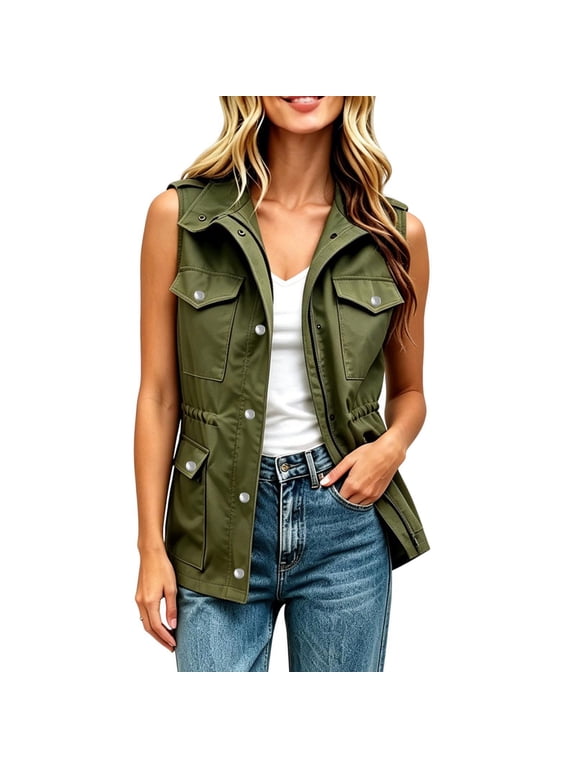 Womens Cargo Sleeveless Vest Zip up Snap Buttons Vest Thin Collared Baggy Casual Outdoor Hiking Vest with Pockets