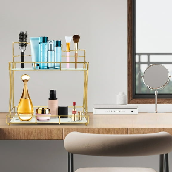 2 Tier Bathroom Vanity Organizer Makeup Shelf Removable Tier Tray for Dresser,Bedroom, Living Room Gold Bathroom Organizer Countertop with Toothbrush Holders
