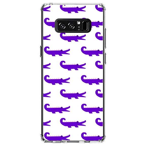 DistinctInk Clear Shockproof Hybrid Case for Samsung Galaxy Note 8 - TPU Bumper, Acrylic Back, Tempered Glass Screen Protector - Purple White Alligators - Cartoon Alligators