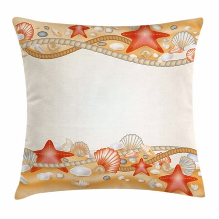Beach Throw Pillow Cushion Cover, Sand Seashells Starfish and Ropes Marine Inspirations Abstract Coast, Decorative Square Accent Pillow Case, 24 X 24 Inches, Pale Orange Vermilion Cream, by (Best Seashell Beaches On The East Coast)