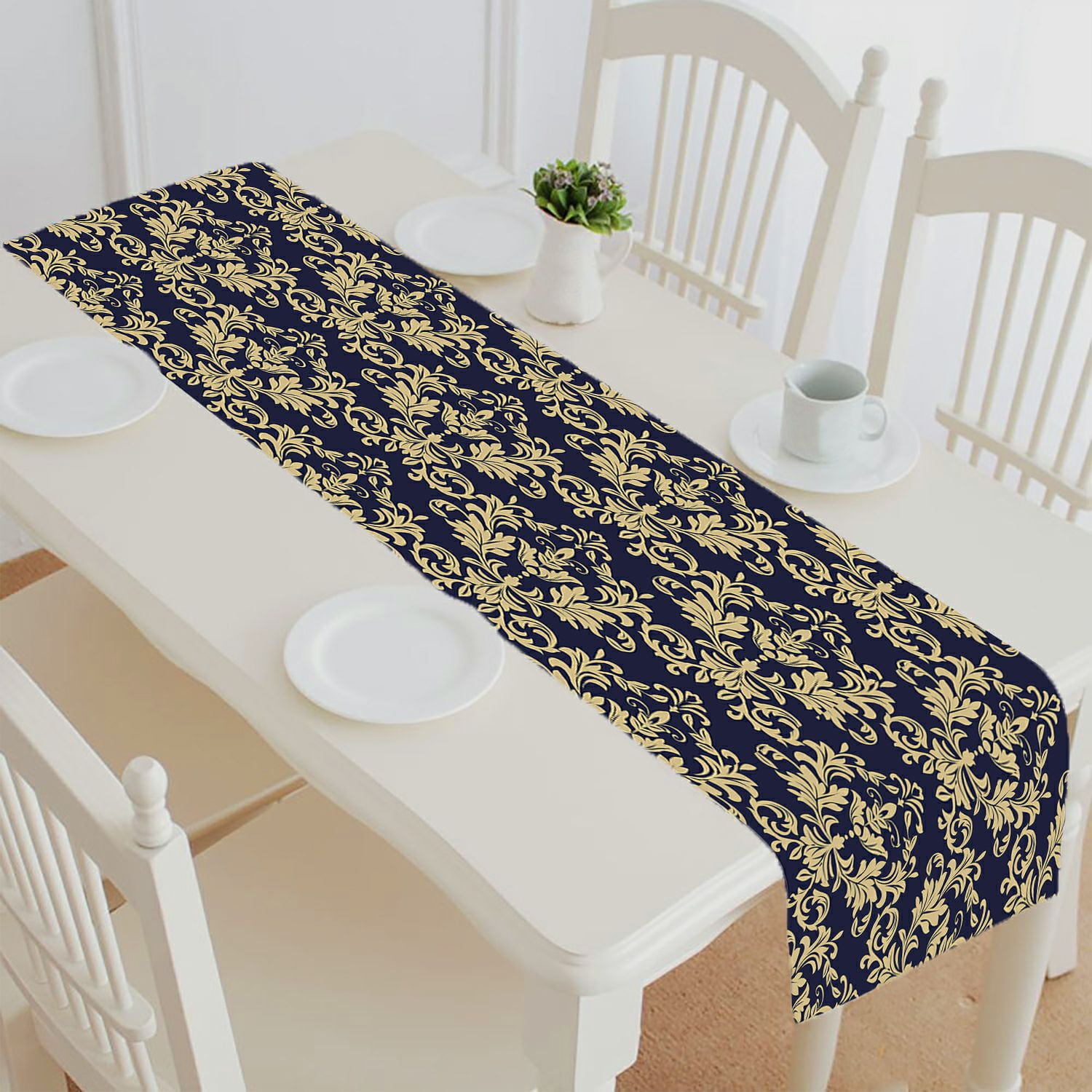 ABPHQTO Floral Baroque Damask Gold Black Blue Ornament Table Runner