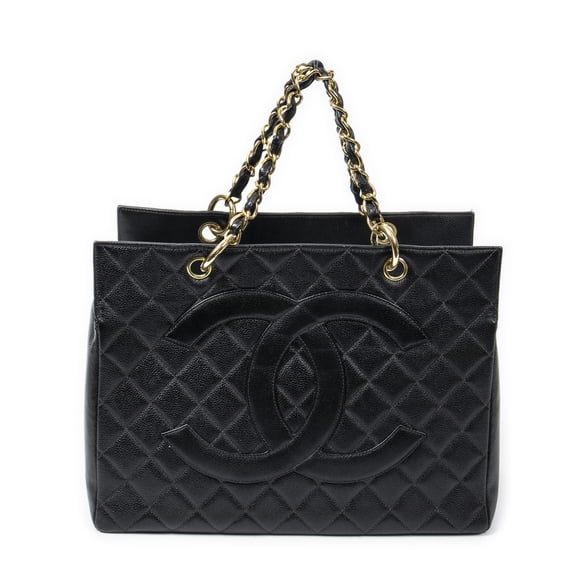 Pre-Owned Chanel Black CC Timeless Grand Shopping Tote Shoulder Bag Quilted Caviar Leather