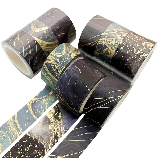 Cinta washi negra y dorada: juego de cintas adhesivas washi con papel de aluminio: cinta decorativa metalizada para bullet journal, scrapbooking y manualidades